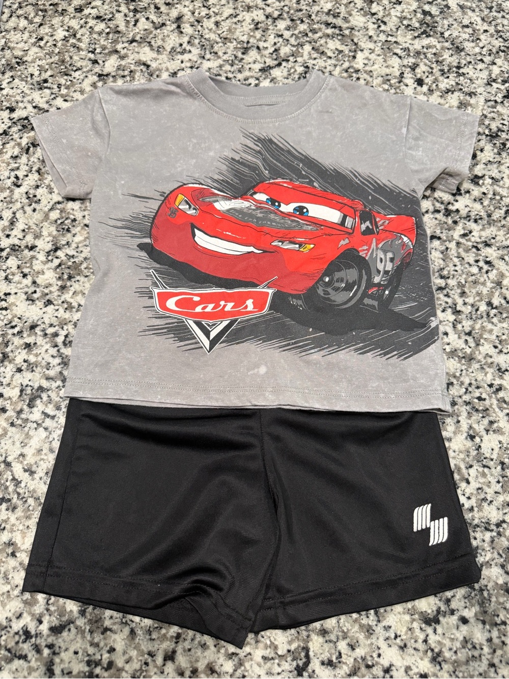 Disney Lightning McQueen Gray & Red Kids Tee with black shorts